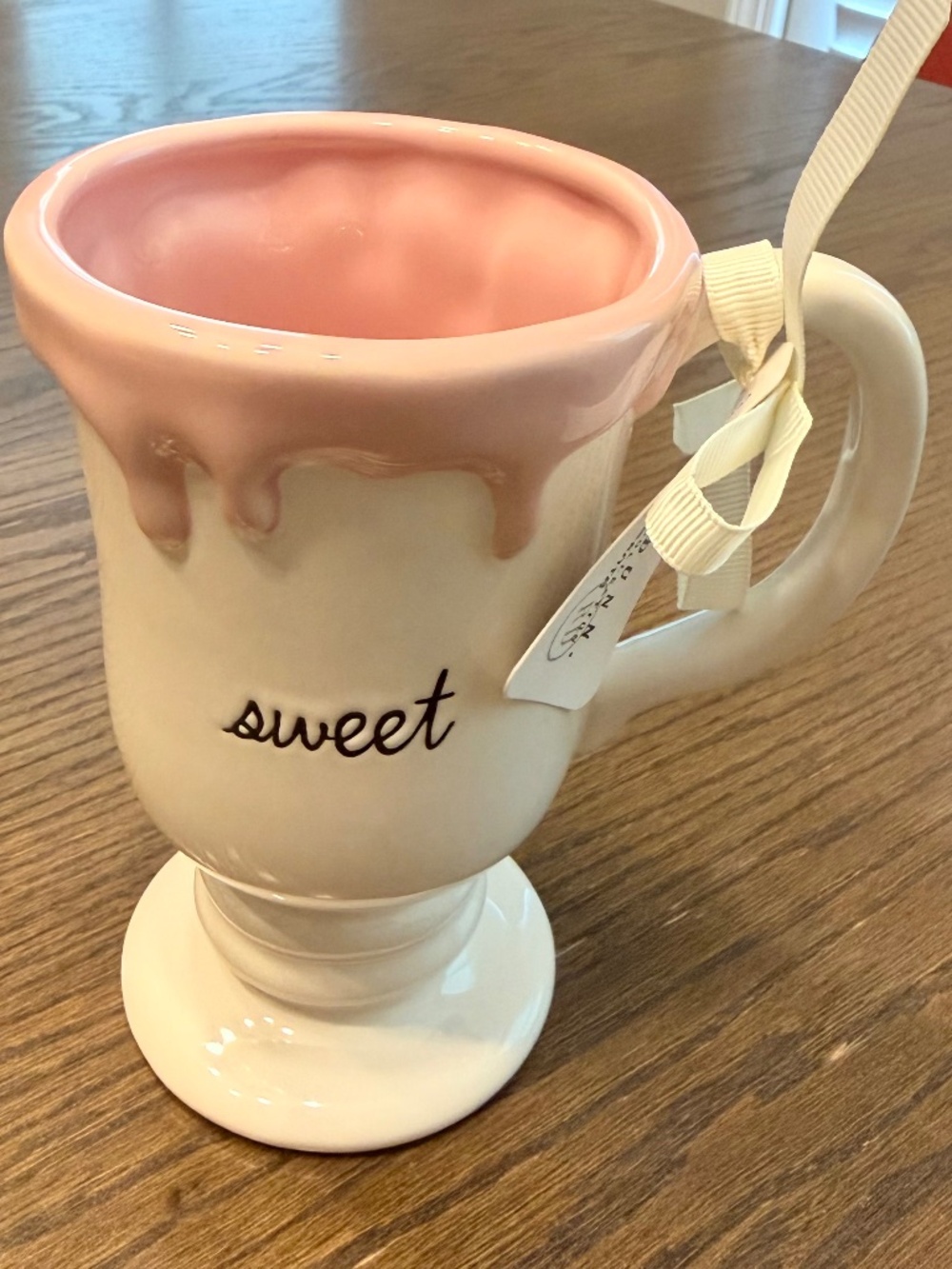 NWT - Rae Dunn Pink Drip Pedestal Mug “Sweet” | Footed Glaze Mug